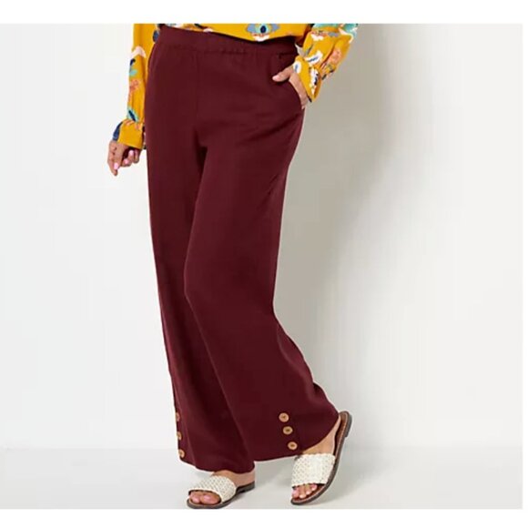 Denim & Co. Naturals Women ~ Pants Linen Blend Side Button Ankle L Red A500902 - Picture 1 of 6